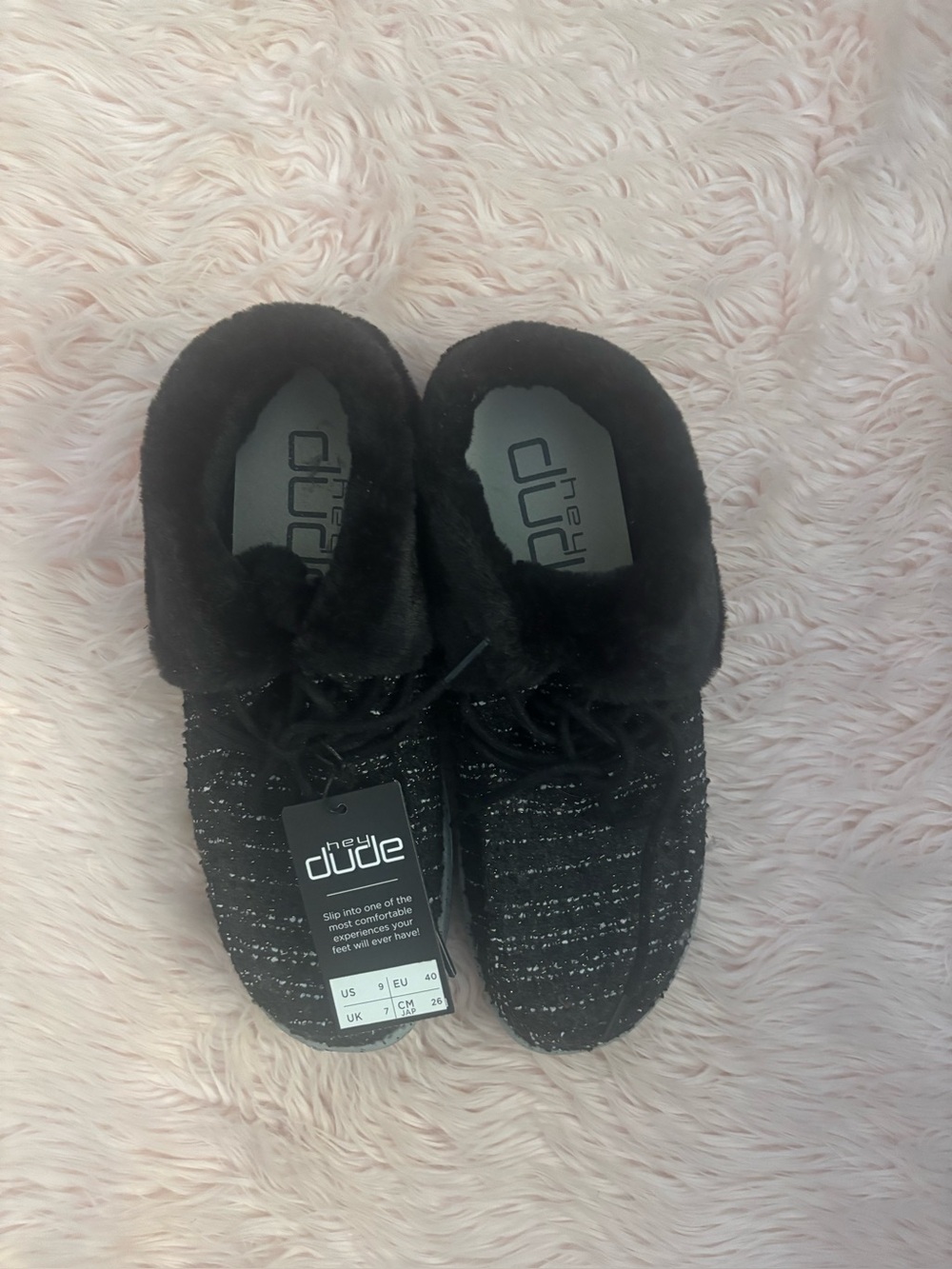 Hey Dude Black Knit Faux-Fur Lined Slip-On Slippers